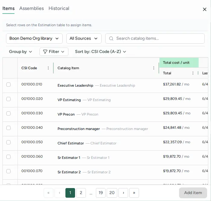 Catalog panel with Items, Assemblies and Historical tabs, a library and source picker, a list of catalog items with CSI code and total cost per unit, and an Add item button