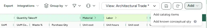 Estimate toolbar with the Add menu open, offering Add catalog items and Add known conceptual qty
