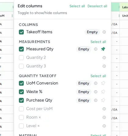 Edit columns menu with sections Columns, Measurements and Quantity Takeoff and checkboxes such as Measured Qty, Waste % and Purchase Qty, open over the estimate grid