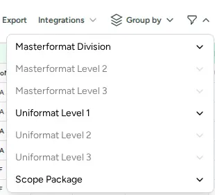 Estimate filter menu with Masterformat Division, Uniformat Level 1 and Scope Package dropdowns