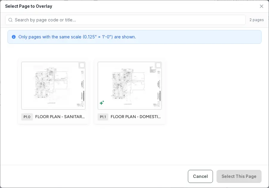 Select Page to Overlay dialog with a search box, a note that only pages with the same scale (0.125 inch = 1 foot) are shown, two sheet thumbnails, and Cancel and Select This Page buttons