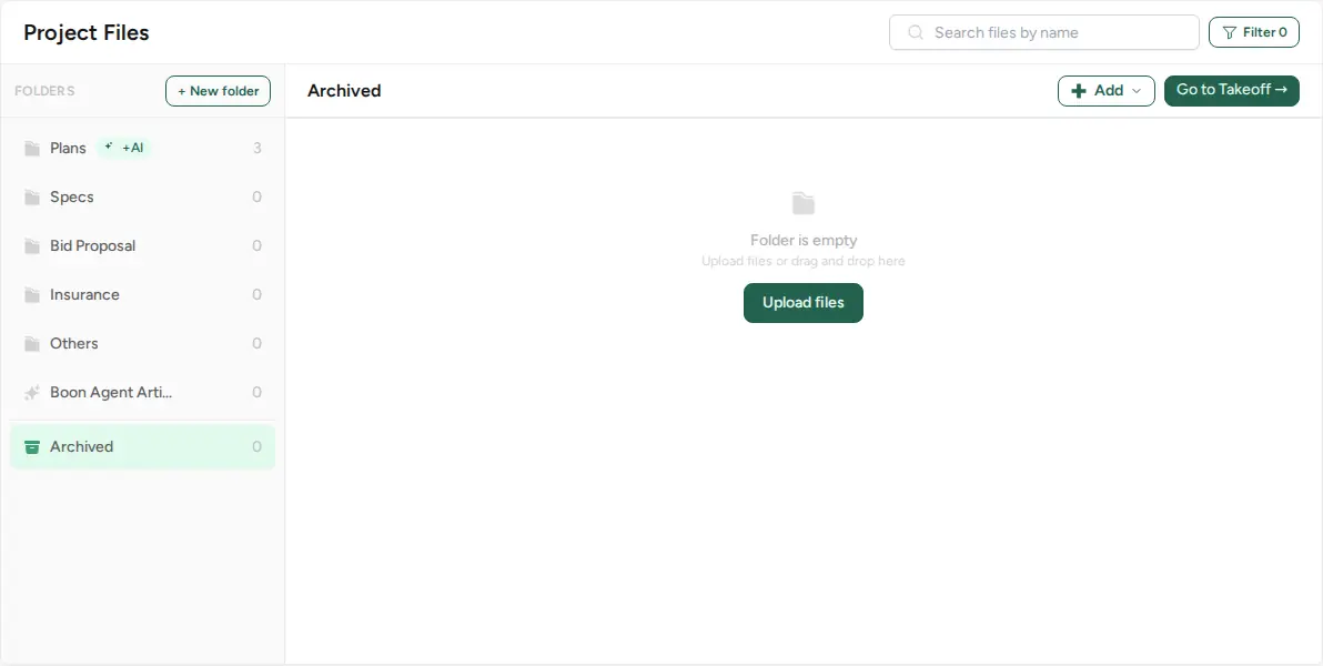 Project Files with the Archived folder selected at the bottom of the folder list; it is empty and offers Upload files