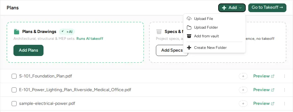 Add menu open in the Plans folder with Upload File, Upload Folder, Add from vault and Create New Folder, next to the Go to Takeoff button
