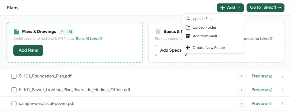 Plans folder with the Add menu open, listing Upload File, Upload Folder, Add from vault and Create New Folder