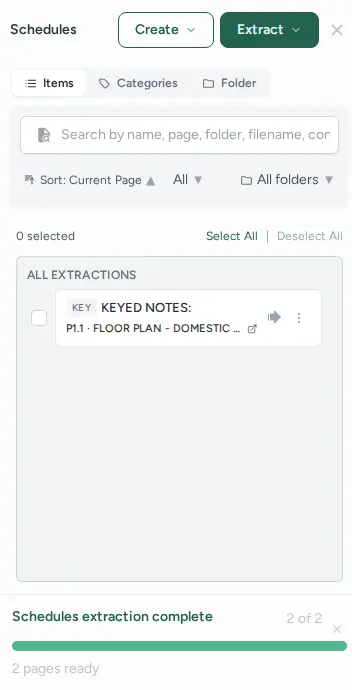 Schedules panel with Create and Extract buttons, Items, Categories and Folder tabs, Select All and Deselect All, and one extraction (Keyed Notes) under All Extractions