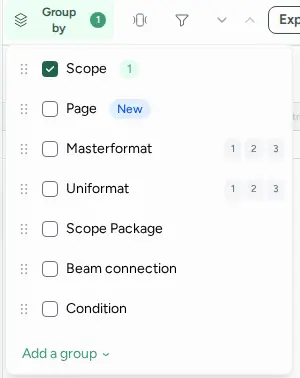 Group by menu with Scope ticked and options Page, Masterformat, Uniformat, Scope Package, Beam connection, Condition, plus Add a group