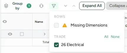 Takeoff table filter menu with a Rows section (Missing Dimensions) and a Trade section (26 Electrical ticked) with All and None links