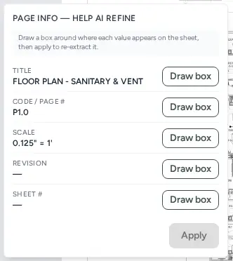 Page Info, Help AI Refine panel listing Title, Code / Page #, Scale, Revision and Sheet #, each with a Draw box button, and an Apply button