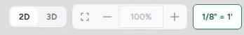 Bottom-left canvas controls: 2D and 3D toggle, fit, zoom out, 100% zoom, zoom in, and the scale chip reading 1/8 inch equals 1 foot