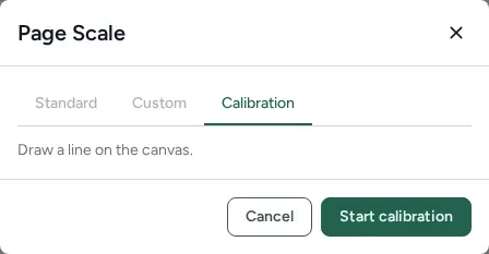 Page Scale dialog on the Calibration tab, reading Draw a line on the canvas, with Cancel and Start calibration buttons