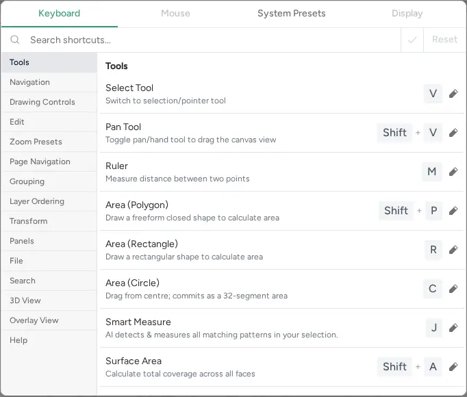 Keyboard tab with a Search shortcuts box, categories on the left and Tools shortcuts such as Select Tool V and Ruler M, each with an edit pencil
