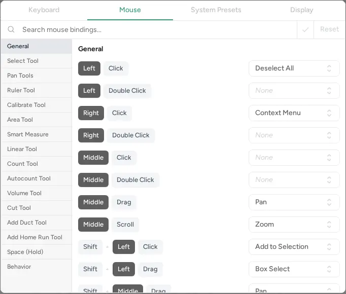 Mouse tab listing bindings such as Left Click to Deselect All, Right Click to Context Menu and Middle Drag to Pan