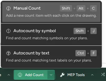 Add Count menu open on the bottom toolbar with Manual Count (Shift+Alt+C), Autocount by symbol (Shift+J) and Autocount by text (Ctrl+F)