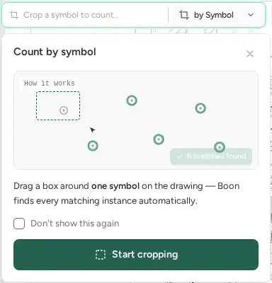 Find bar set to by Symbol with a Count by symbol card explaining: drag a box around one symbol and Boon finds every matching instance, with a Start cropping button